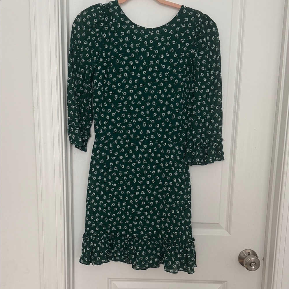 Reformation Dark Green Floral Mini Dress with Ruffle Hem